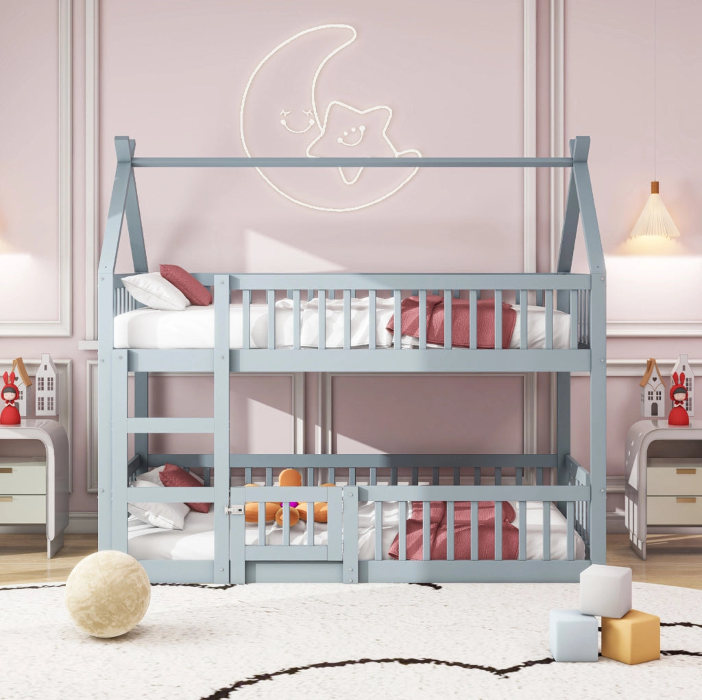 Letto a castello per bambini 90x200 cm con scala integrata e porta grigio