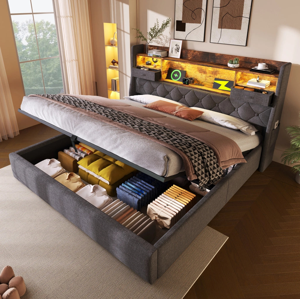 Letto imbottito con contenitore e testiera LED