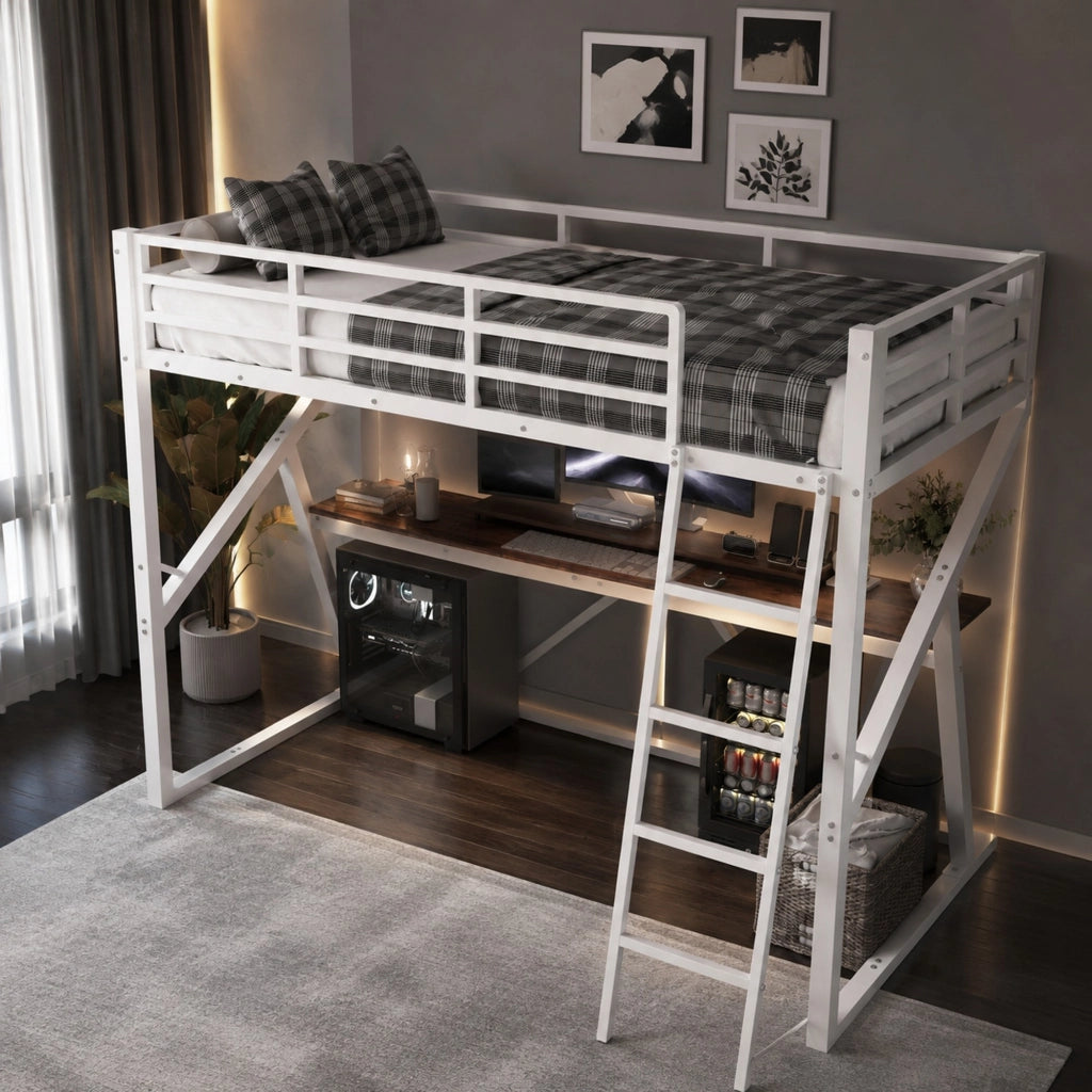 Letto a soppalco 90x200 cm bianco con scrivania, LED, scala e sponde