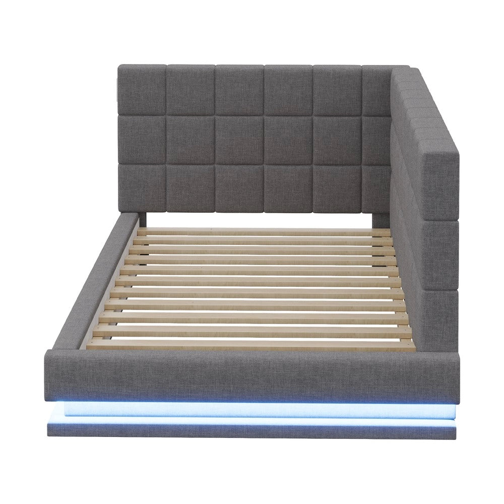 Letto Imbottito con LED e Rete a Doghe ¨C MINIMAL ¨C Tessuto Grigio 90x200
