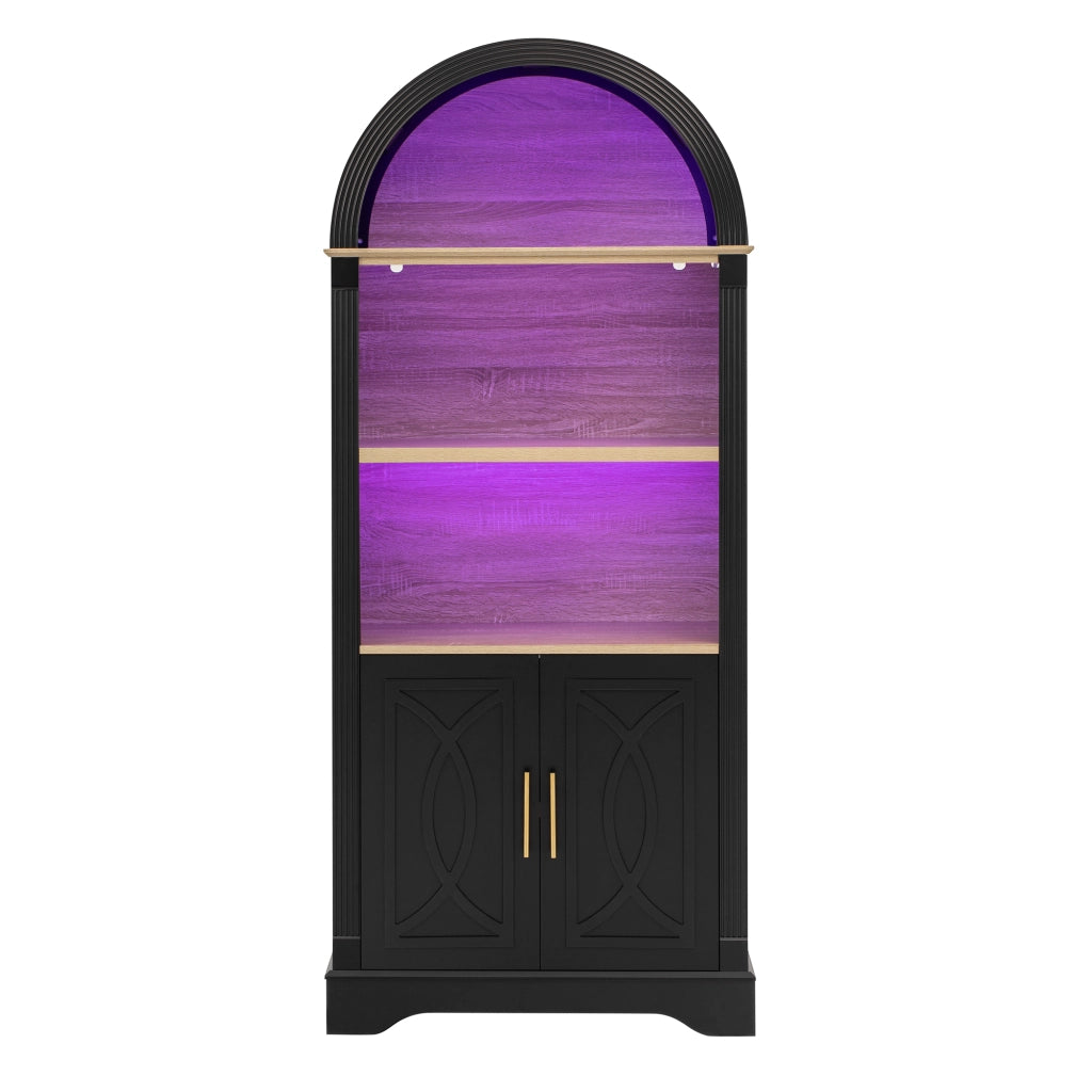 Credenza alta con LED ripiano regolabile 2 ante e 3 vani aperti in MDF nero per cucina soggiorno 76,2 × 40,1 × 180 cm