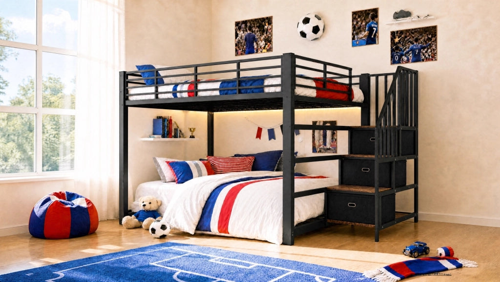Letto a castello ULEVR 140x200 cm in metallo e MDF, scala reversibile con cassetti, LED, prese e USB, nero