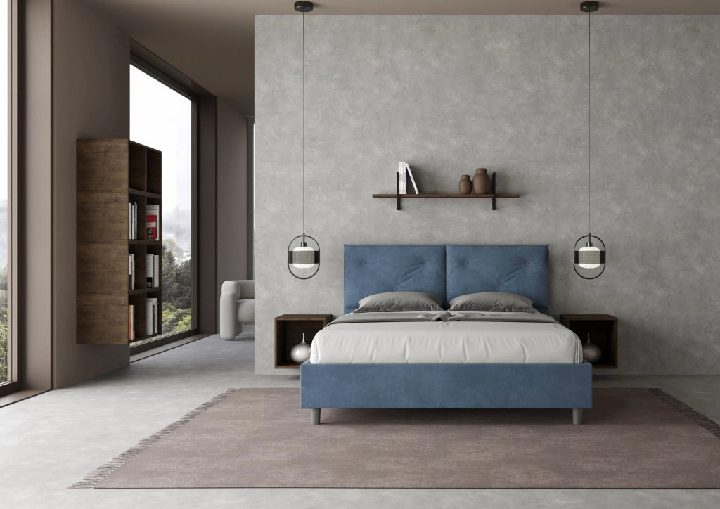 BS COM Letto queen size senza rete imbottito 150x190 microfibra blu Large