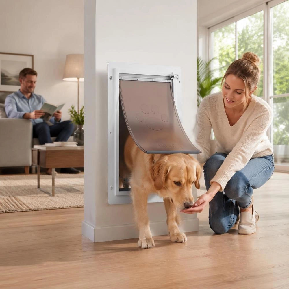 Pet Door/dog Door, Metal Frame With Lock And 3-flap System, 362 X 536 Mm, Weatherproof, Suitable For Cats, Dogs, And Kittens (White-L), Easy Installation