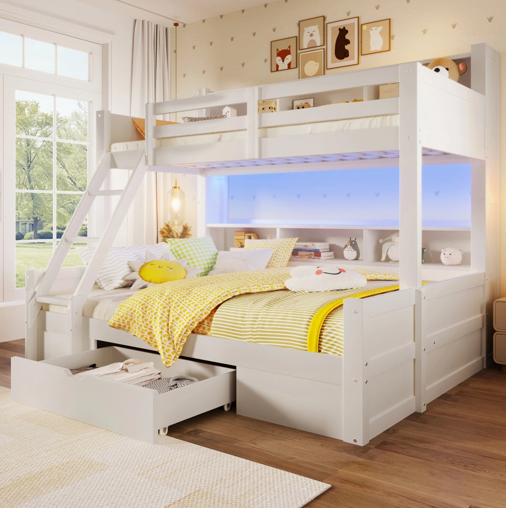 Letto a castello con vano contenitore, cassetto e luce LED integrata