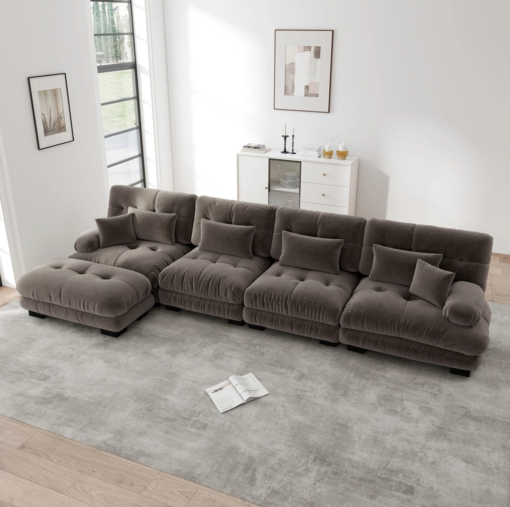 Divano modulare a L in chenille vintage marrone, 4 posti con pouf mobile