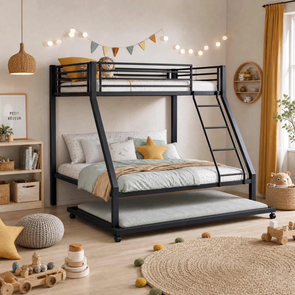 Letto a castello in metallo nero con letto estraibile per tre posti