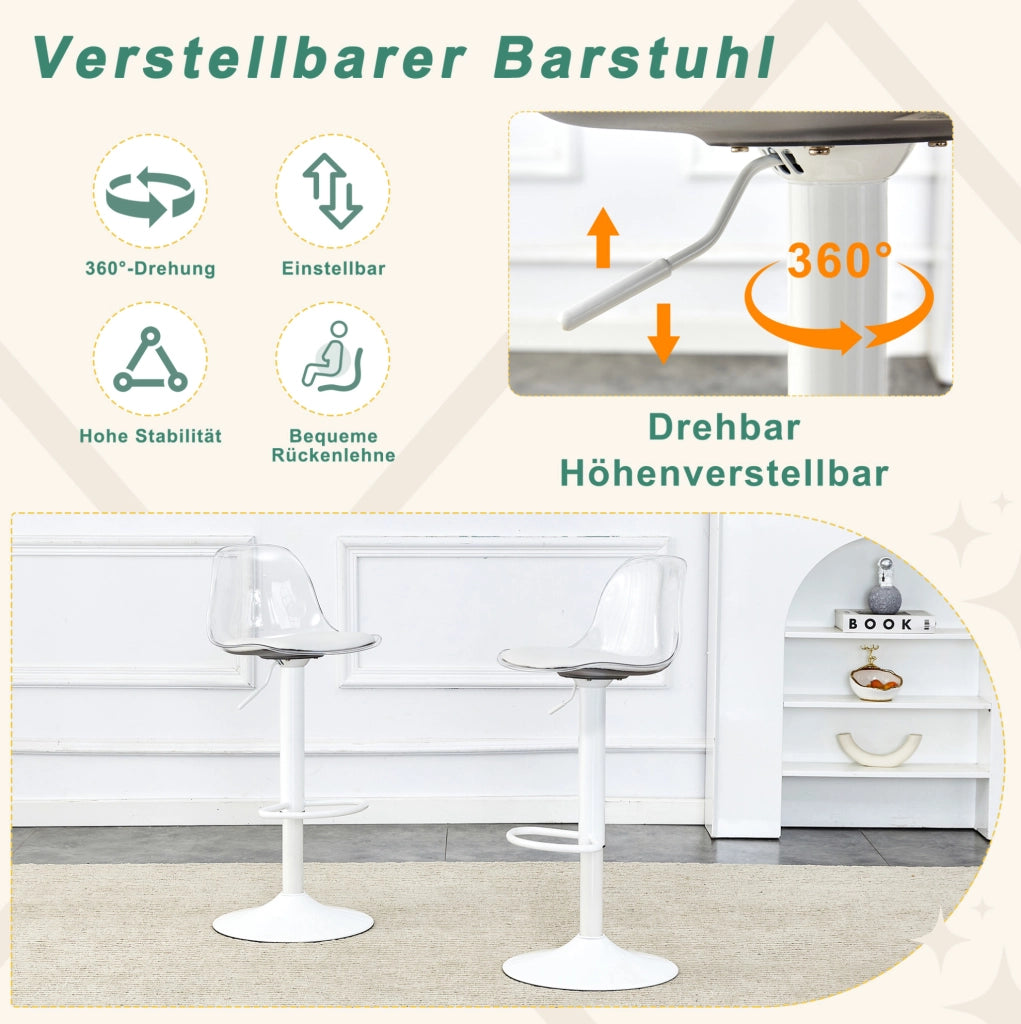 SGABELLO DA BAR Regolabile 82-104 cm Trasparente e Bianco Set da 2 pezzi