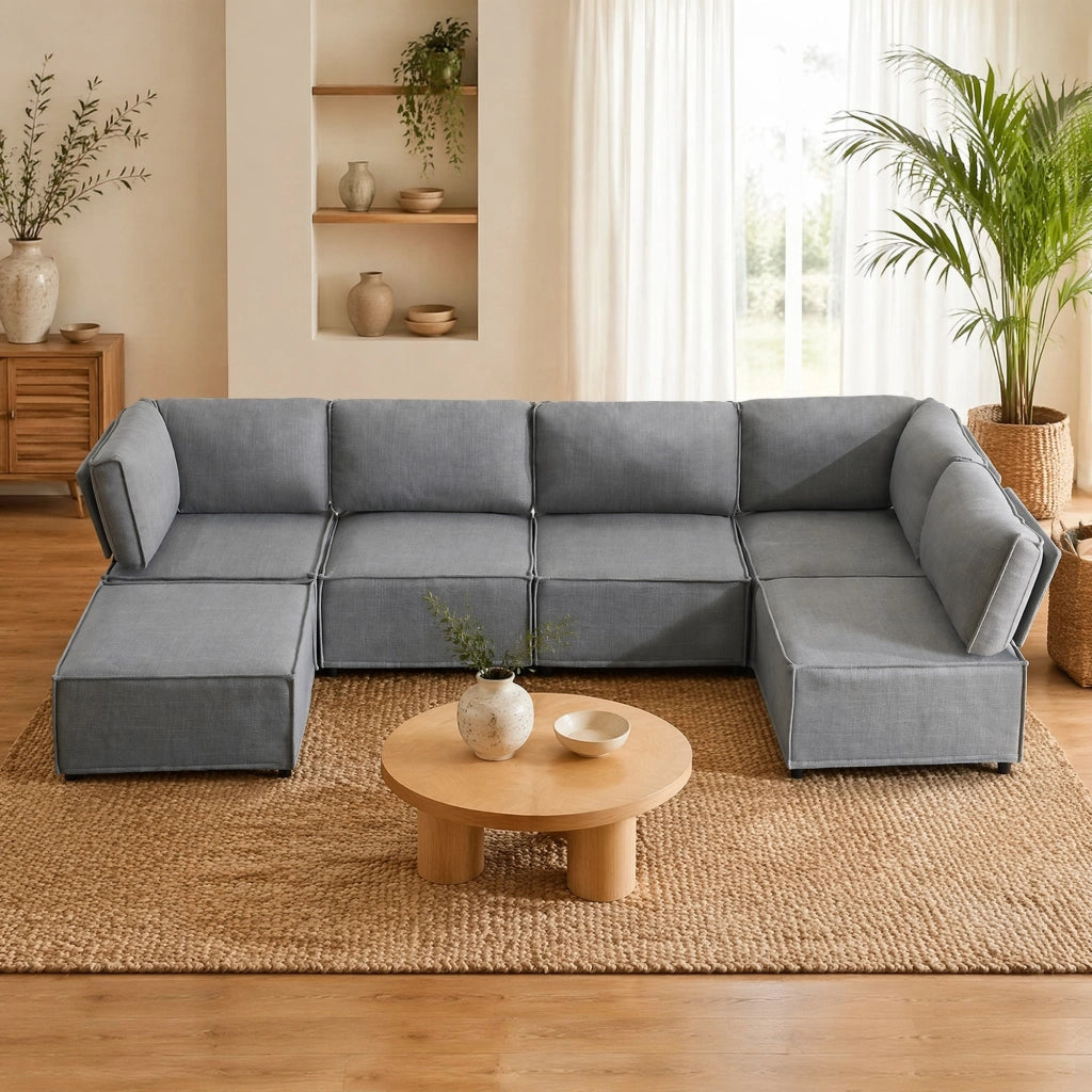 Divano modulare 308x152x77 cm in legno, grigio chiaro, trasformabile in letto
