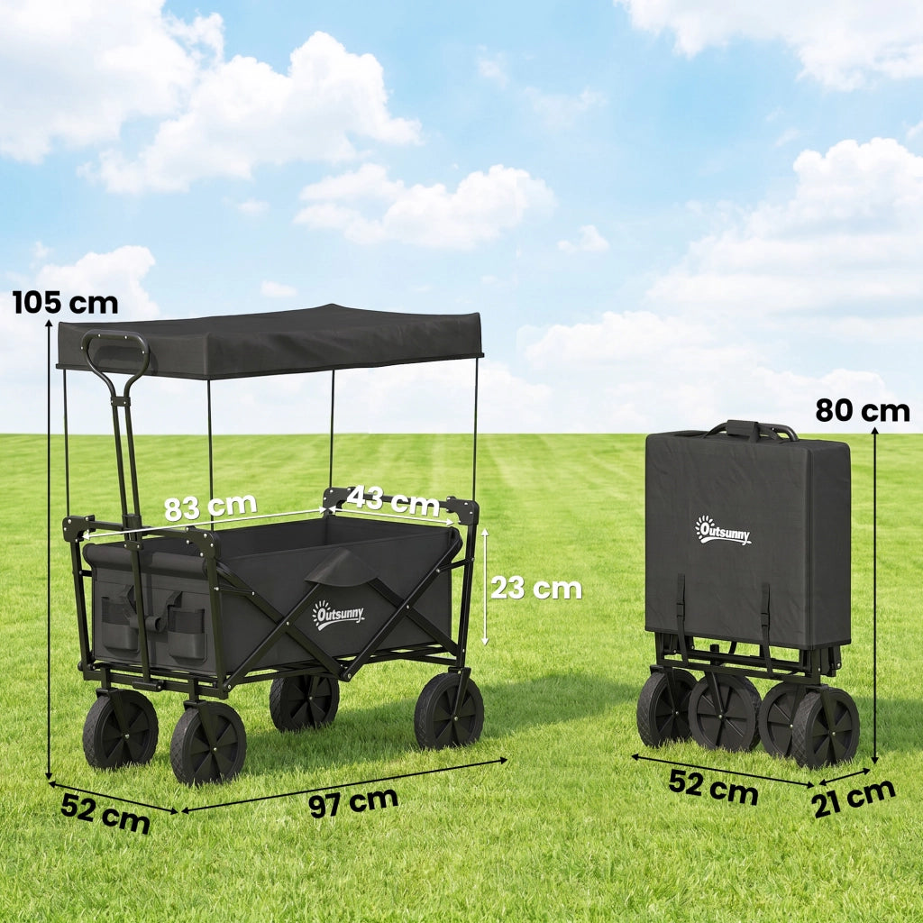 Carrello da trasporto pieghevole con tettuccio, telaio in acciaio nero, capacità 110L, 97x52x105 cm, robusto e salvaspazio