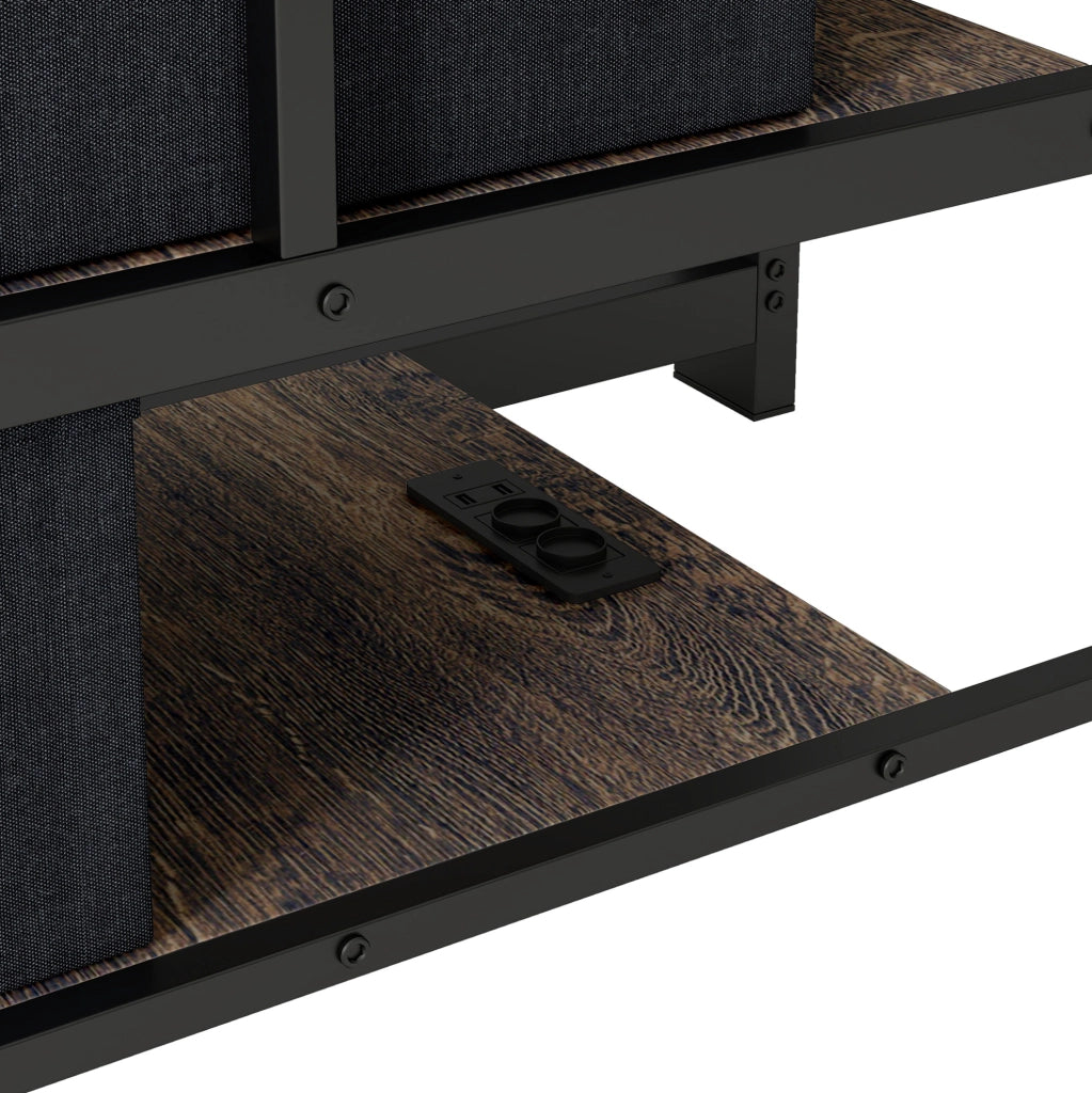 Letto a castello ULEVR 140x200 cm in metallo e MDF, scala reversibile con cassetti, LED, prese e USB, nero