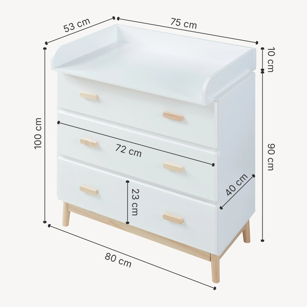 Cassettiera Sarievn con 3 Cassetti e Piano Fasciatoio Rimovibile 100 x 80 x 53 cm - Bianco [en.casa]