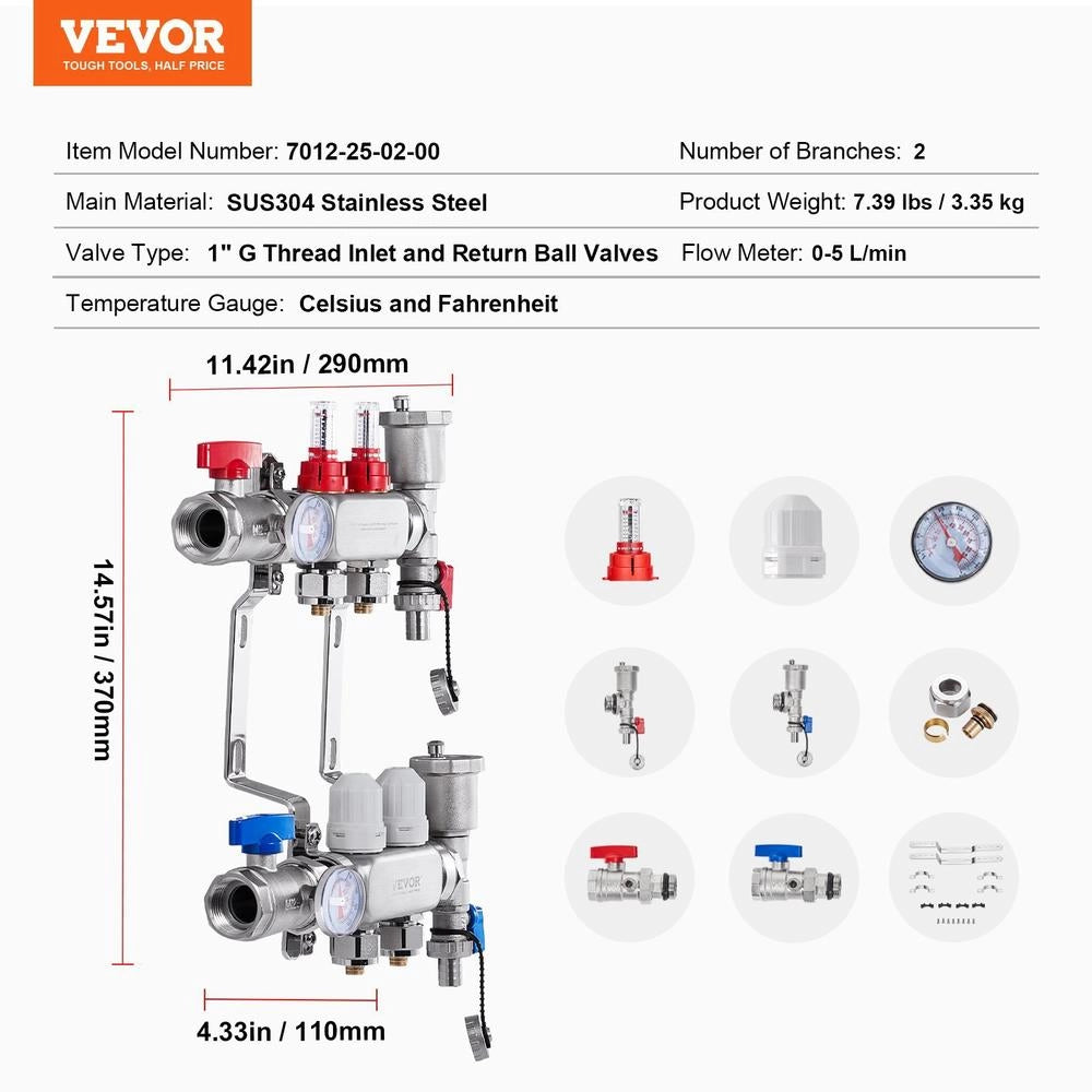2-branch Heat Distribution Manifold, 1/2-inch PEX Pipe Manifold, Stainless Steel PEX Manifold For Hydronic Underfloor Heating, Heat Distribution PEX Manifold Set With 1/2-inch Adapters Included In The Scope Of Delivery