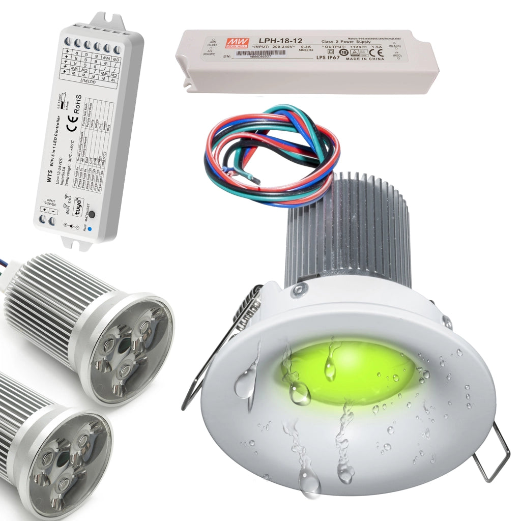Faretti IP65 cromoterapia incasso box doccia sauna LED 18W 12V RGB KIT 2pz controller WiFi centralina Alexa Google TONDO