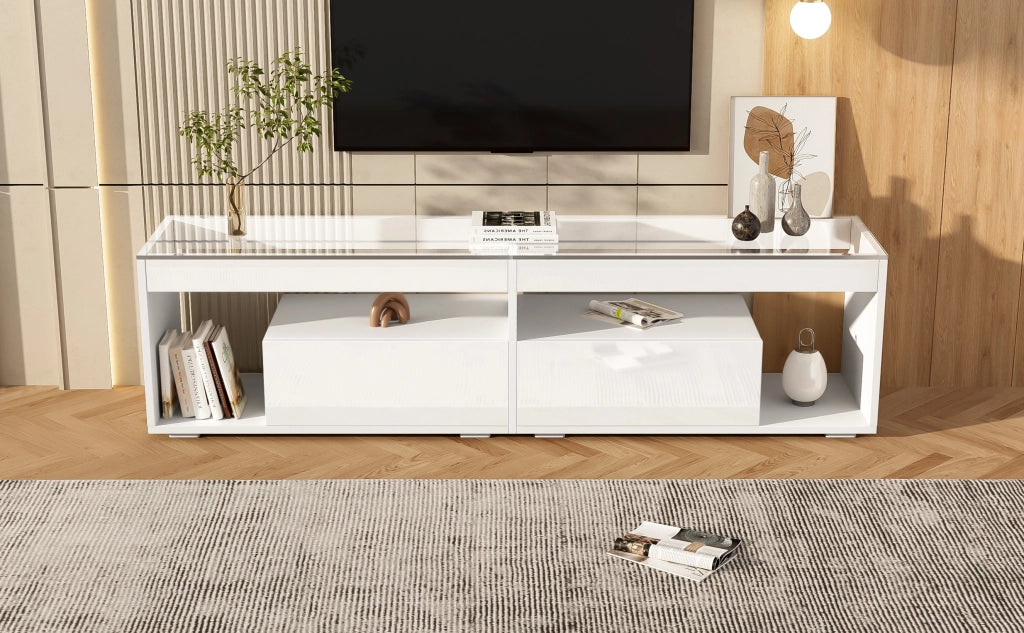 Mobile TV con LED ¨C Minimal ¨C Bianco lucido, 2 cassetti, adatto per TV fino a 70 pollici, per soggiorno e camera