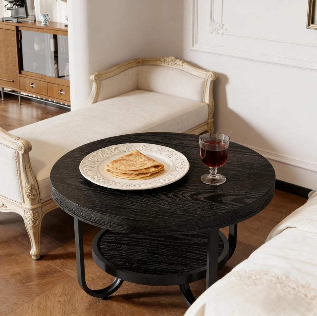 TAVOLINO DA CAFFÈ rotondo 79 cm 2 ripiani nero MDF e metallo
