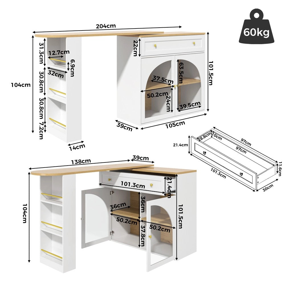 Tavolo da bar allungabile ¨C Minimal ¨C 138-204¡Á39¡Á104cm bianco effetto vetro con spazio di archiviazione