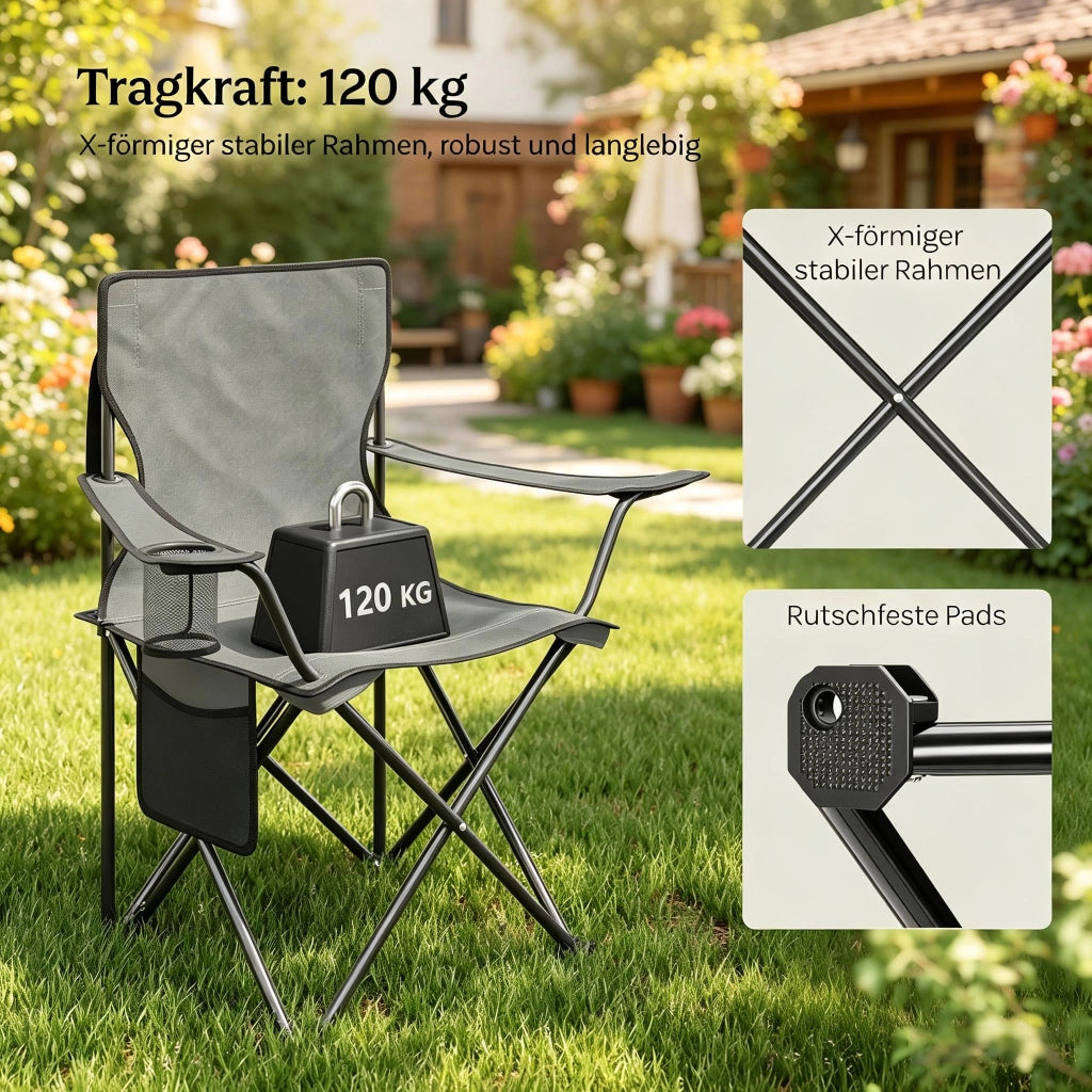Set di sedie pieghevoli da campeggio a 2 posti in metallo, tessuto oxford e mesh, grigio scuro, con portabevande 47 × 76 × 80,5 cm