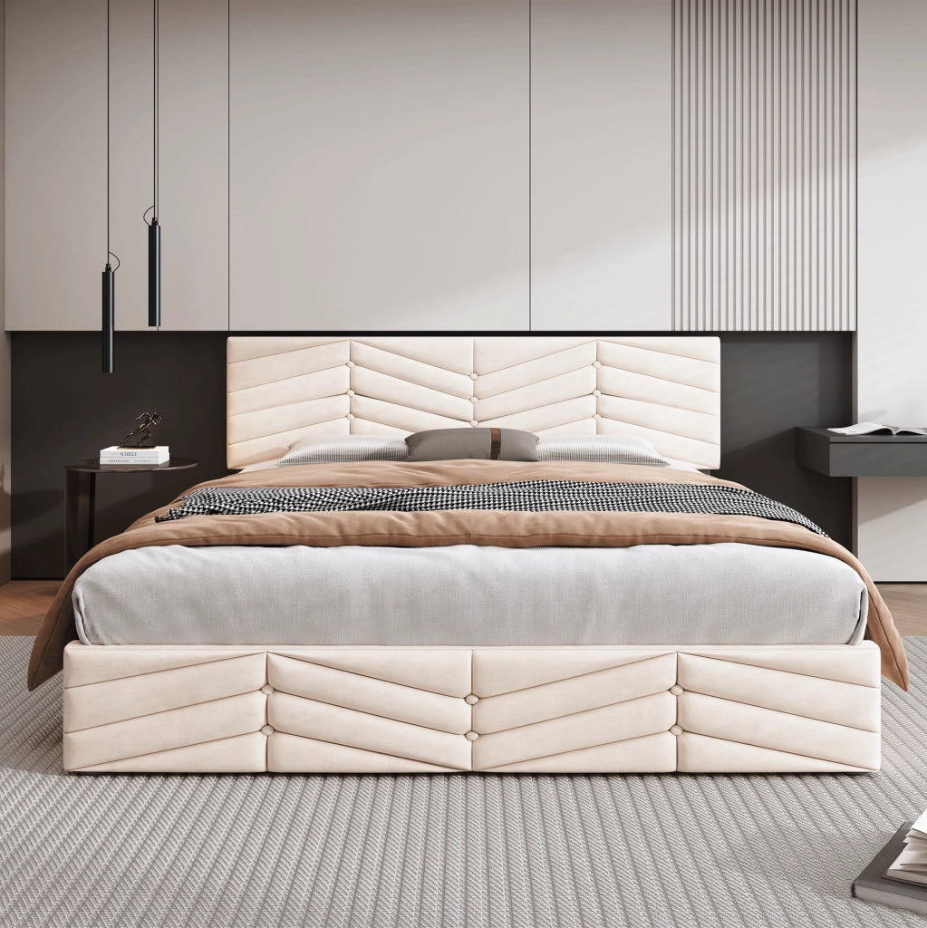 Letto imbottito 140x190 cm con rete a doghe regolabile e testiera in velluto beige