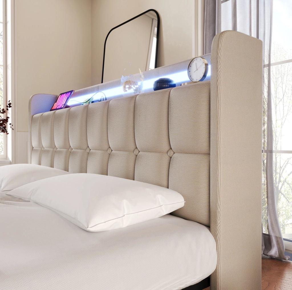 Letto singolo 90x200 cm con USB; LED e 2 cassetti; beige
