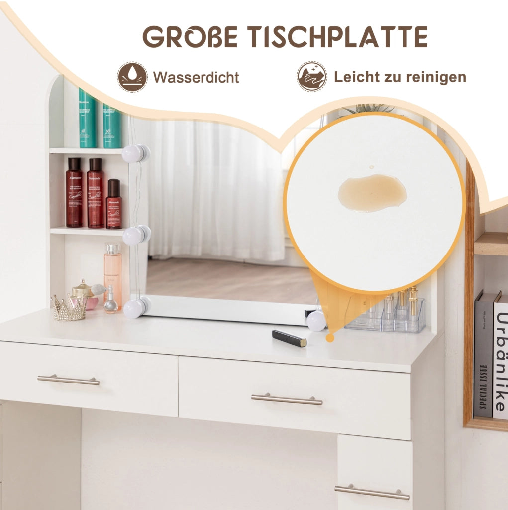 Toeletta trucco bianca in MDF 100x40;5x136 cm con specchio LED; cassetti e sgabello