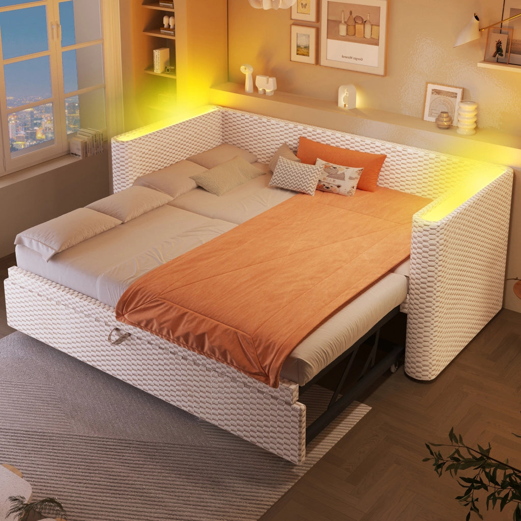 Letto multifunzione estraibile in velluto beige con LED e rete a doghe