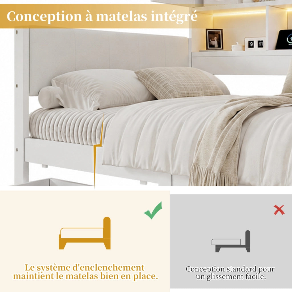 Letto contenitore 90 x 200 cm con LED; USB; USB-C; cassetti e testiera in PU bianca