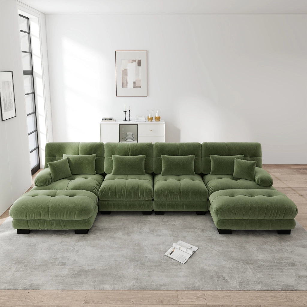 Divano Angolare a U 4 Posti con Pouf ¨C MINIMAL ¨C Chenille, Verde