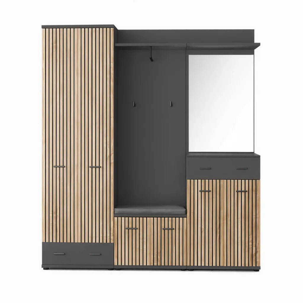 Mobile Ingresso Appendiabiti Set Entrata Design Moderno 180x 32x 203 Cm Antracite E Rovere