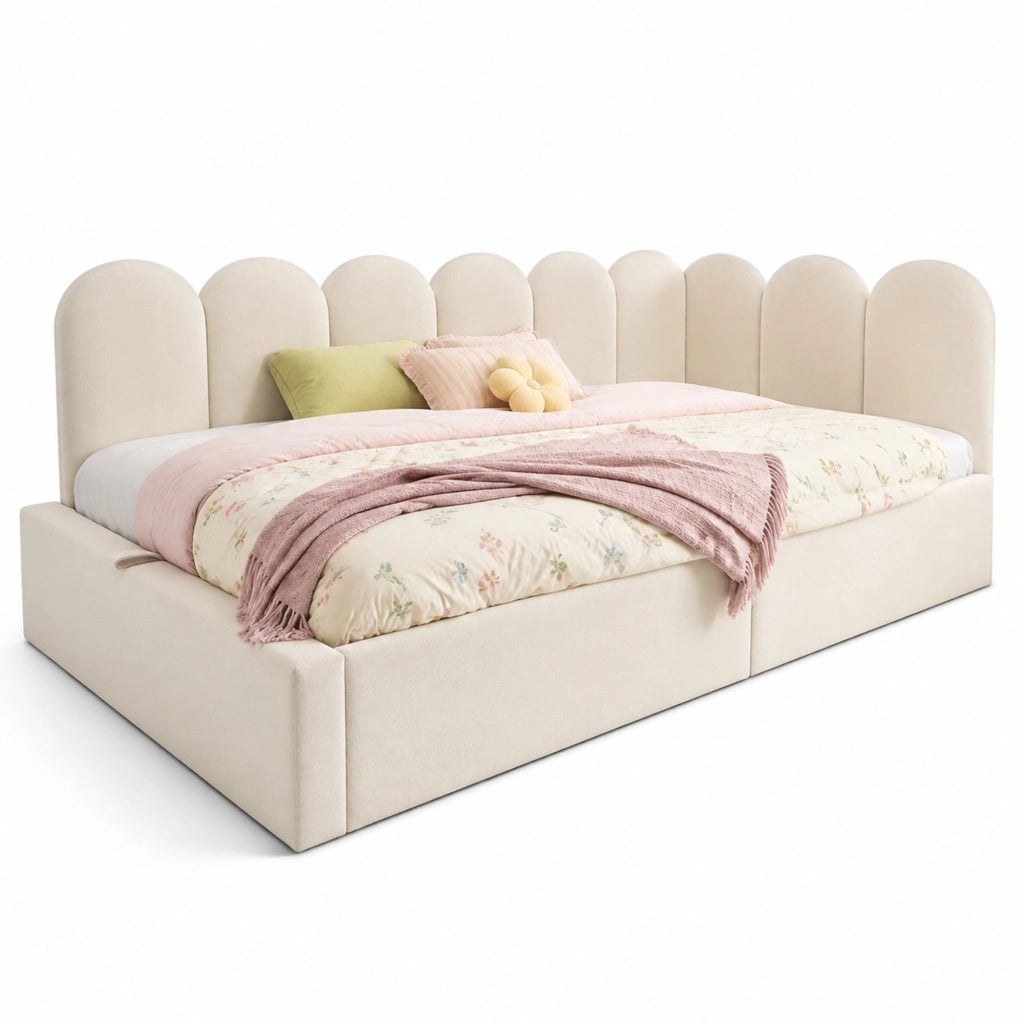 Letto Giorno Poltrona 90x190 cm in Velluto Beige con Contenitore Idraulico e Rete in Metallo per Bambini, Senza Materasso