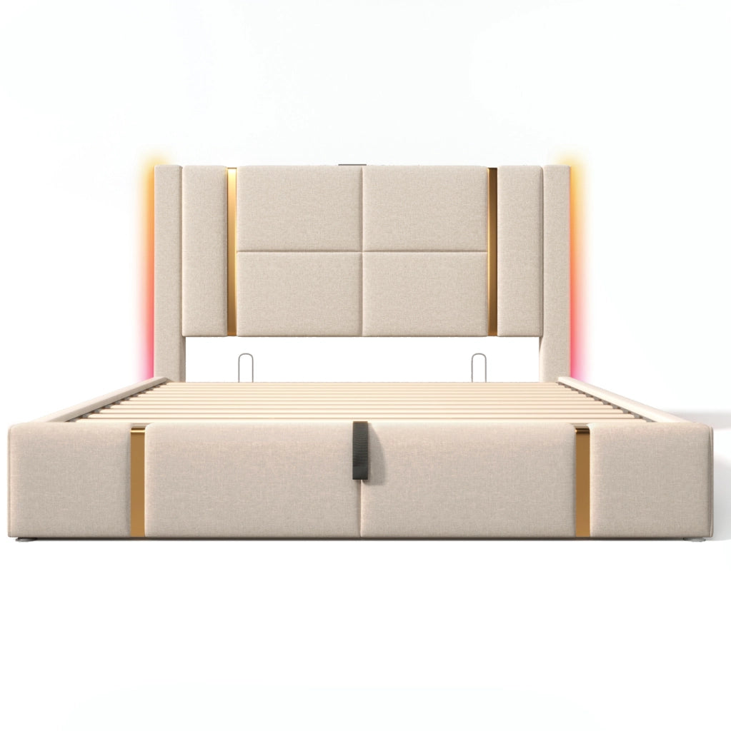 Letto imbottito matrimoniale 160x200 con LED RGB, USB e porta Type-C, contenitore sollevabile