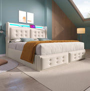 Letto matrimoniale 180x200 cm con contenitore; LED e USB C; tessuto cotone e lino beige