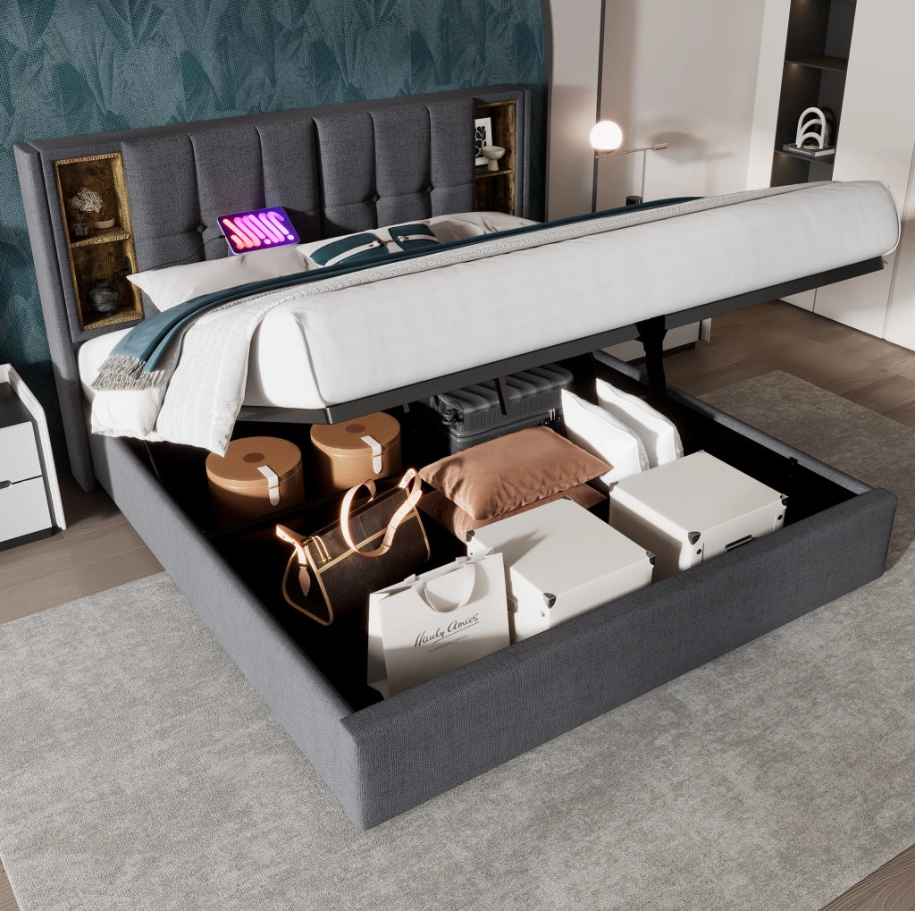 Letto imbottito 140x200 cm grigio con ricarica wireless, USB-C e vano contenitore