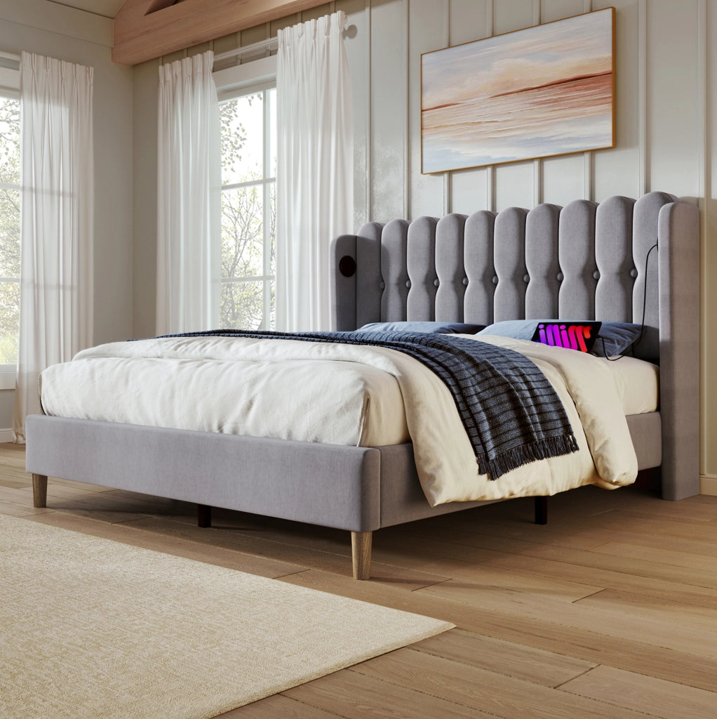 Letto imbottito 140x200 cm con rete a doghe e ricarica USB e USB-C in lino grigio