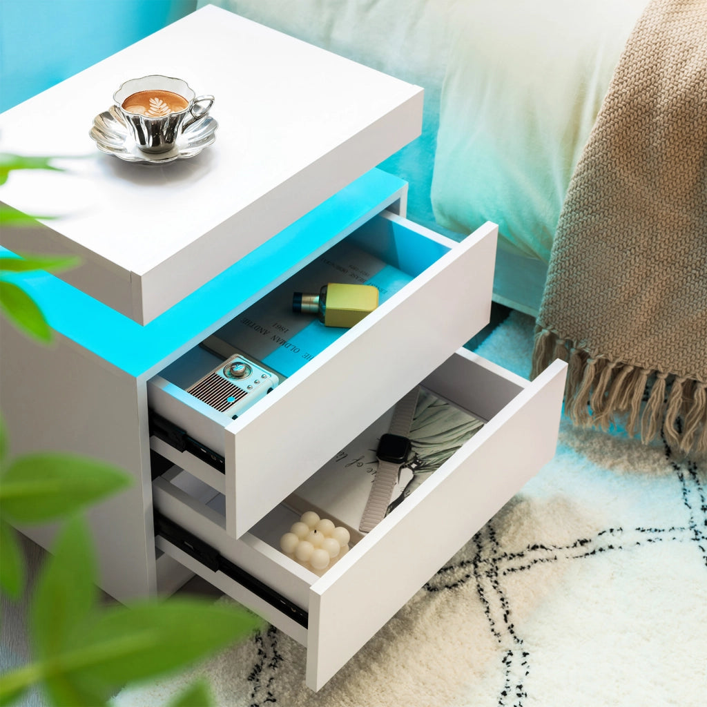 COMODINO LED con 2 cassetti Bianco in Legno ingegnerizzato