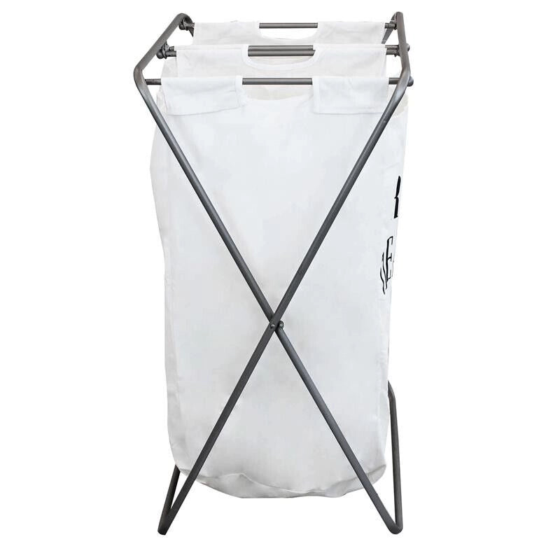 CESTA PORTA BIANCHERIA IN TESSUTO BIANCO E STRUTTURA IN FERRO