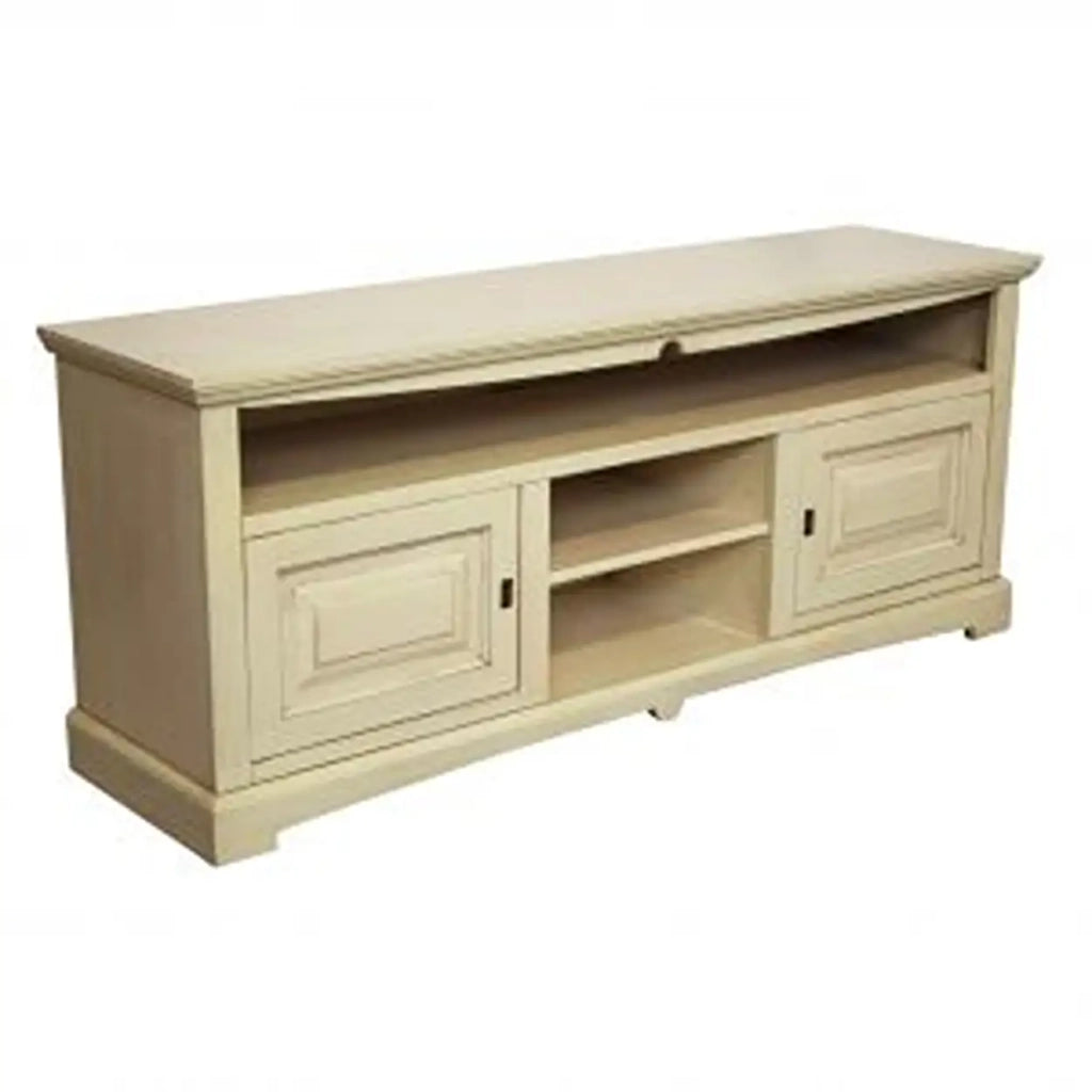 Mobile Porta tv Shabby chic in legno laccato avorio anticato mod goccia ante bugnate e 3 vani a giorno