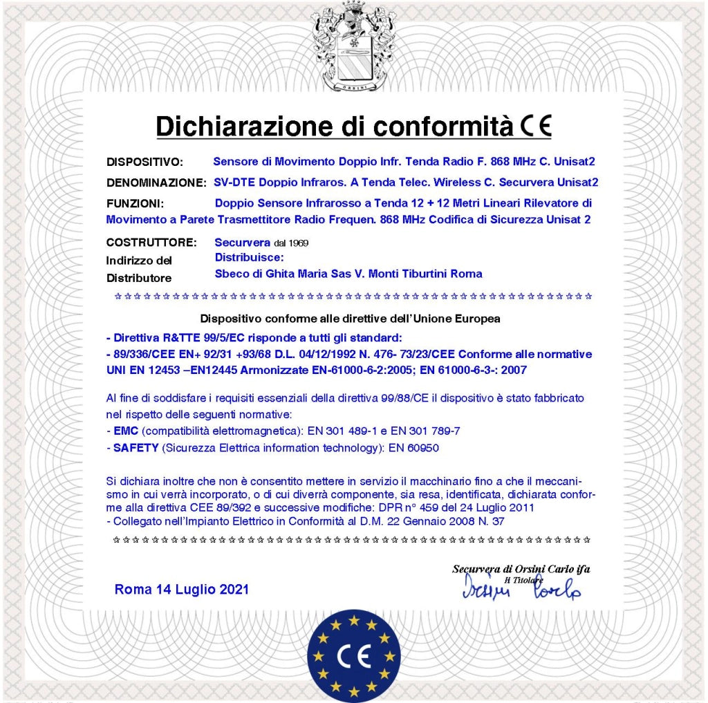 Sensore Doppio Infrarosso a Tenda da Esterno 3 Pezzi Rileva Movimento 12+12 Metri Lineari IP55 Ricetrasmissione Frequenza 868 MHz Codice UNISAT Protezione Ponteggi Impalcature Pareti Porticati
