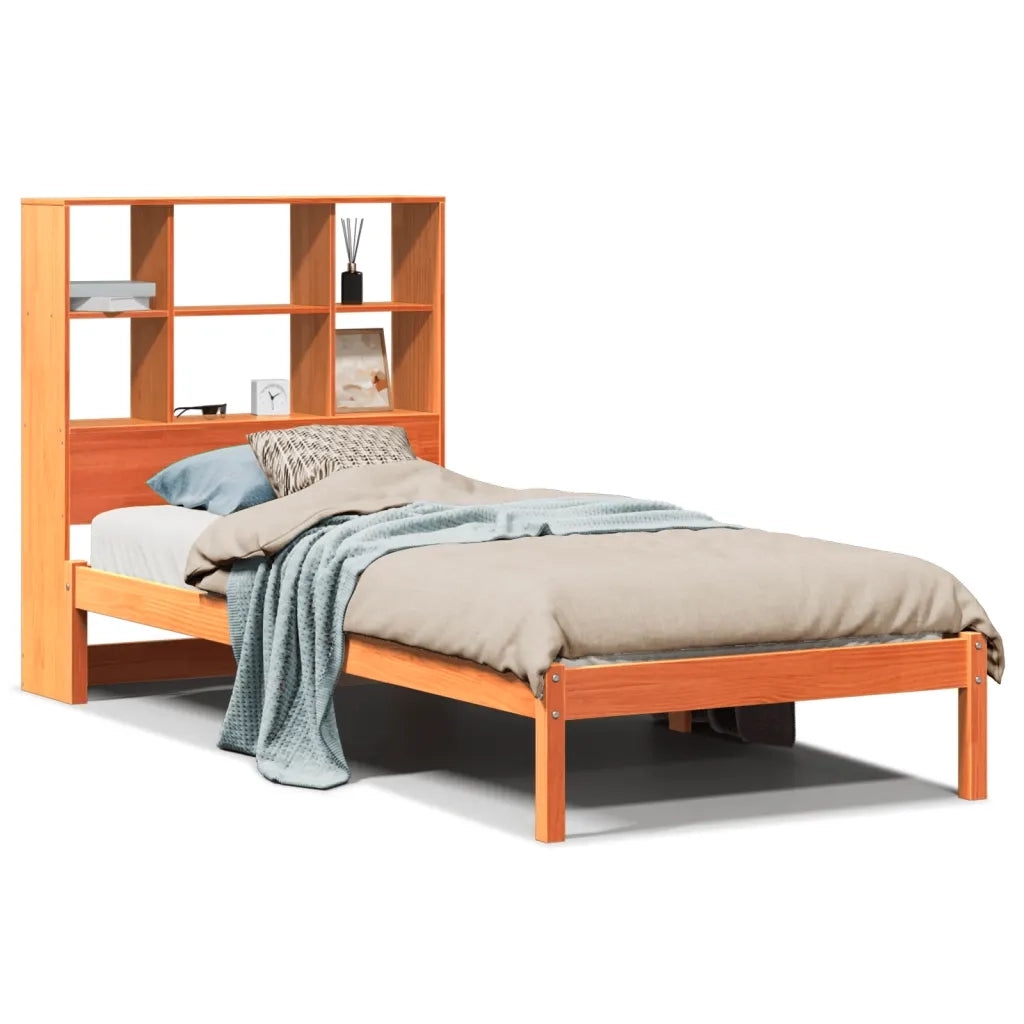 Letto Libreria senza Materasso-Struttura Letto con contenitore Marrone Cera 100x200 cm in Pino 285616