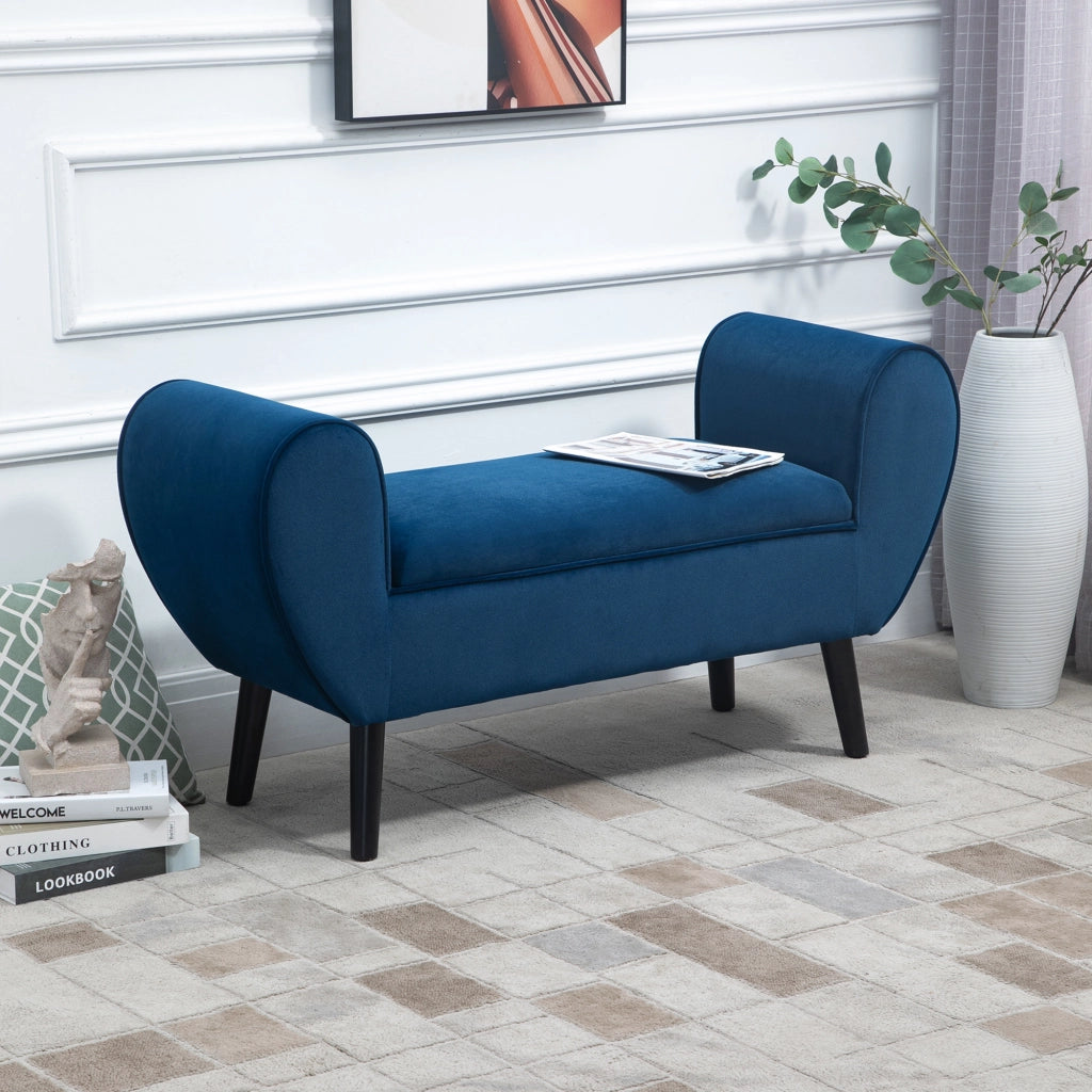 Panca Contenitore Imbottita in Tessuto Vellutato Blu con Braccioli e Gambe in Legno, 118x42x66cm, per Fondo Letto Casa
