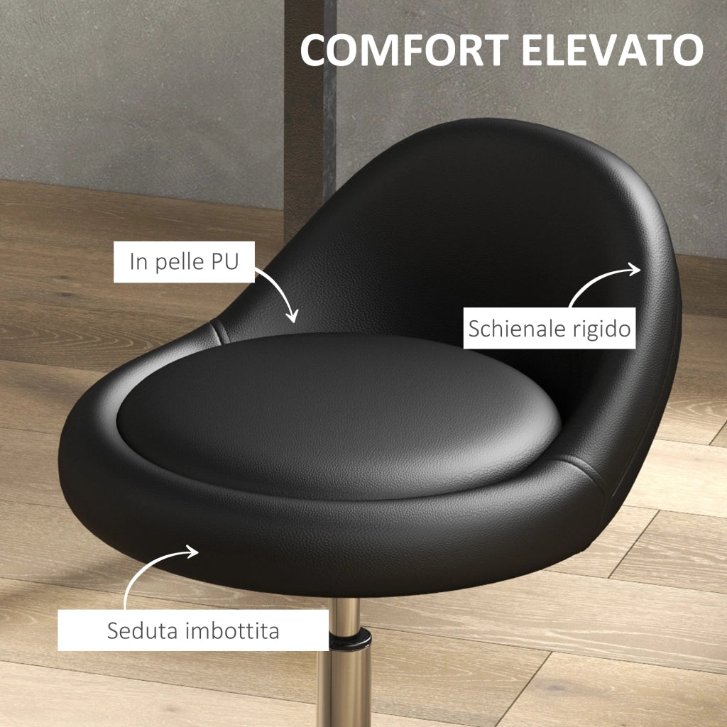Sgabello con Ruote ¨C Minimal ¨C Nero, Finta Pelle PU, Altezza Regolabile