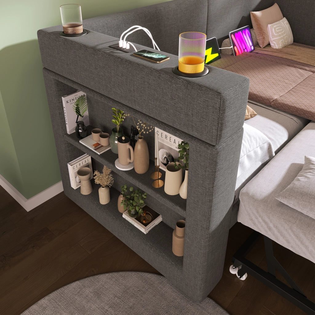 Daybed imbottito 90x200 cm con letto estraibile, USB, Type-C e portabicchieri