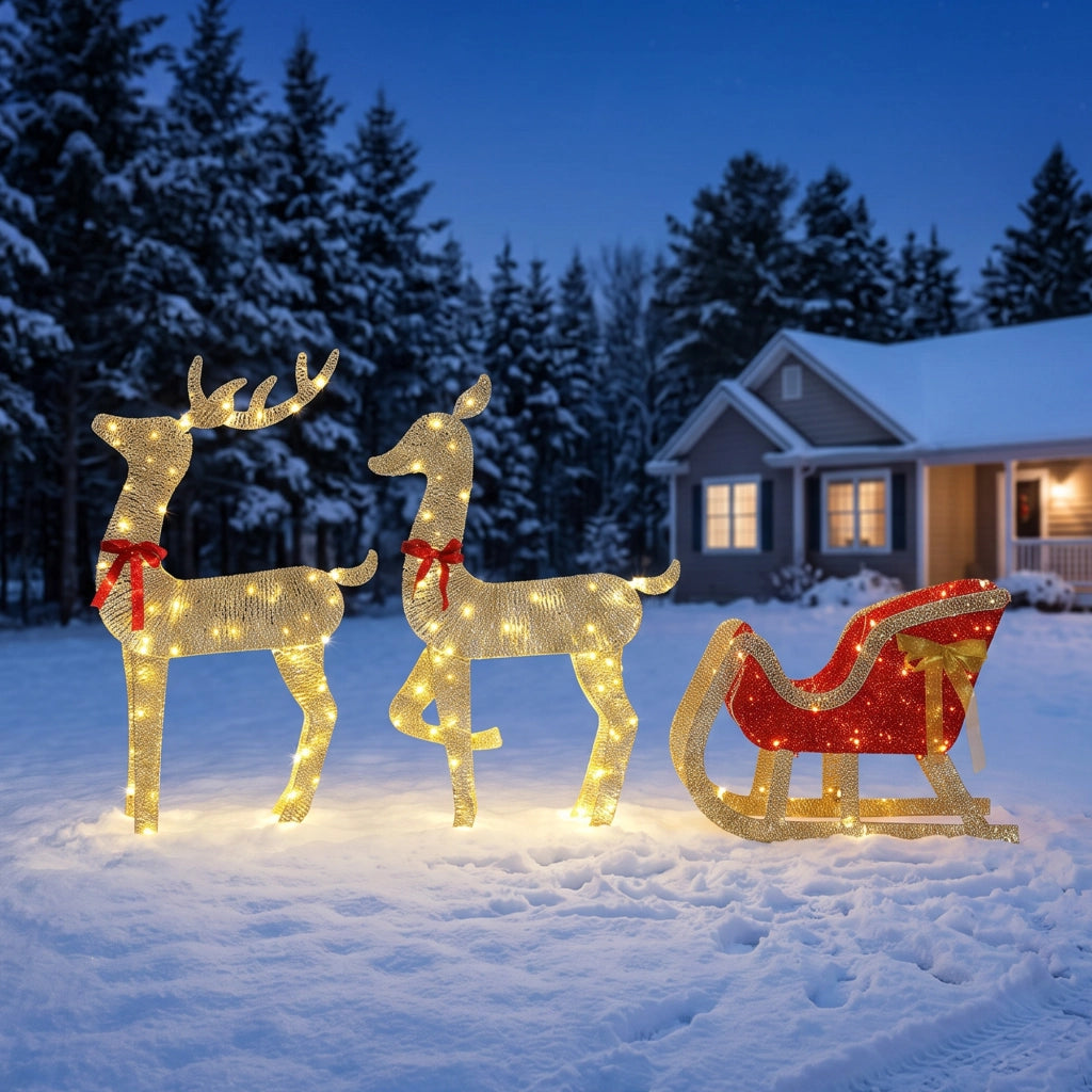 Set natalizio da esterno composto da 3 renne con slitta 3D, 200 luci LED bianco caldo, 8 modalità e timer.