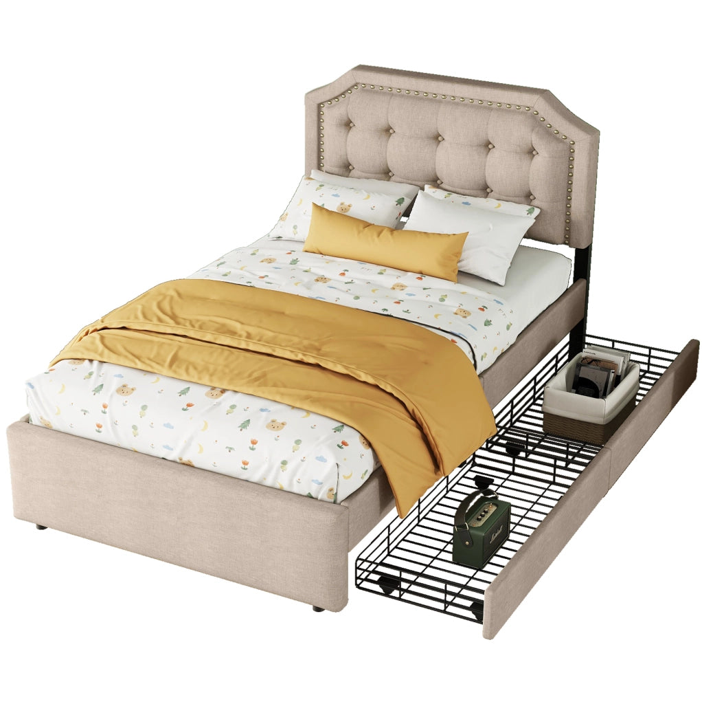 Letto singolo imbottito beige scuro 90x200 cm con testiera regolabile e 2 cassetti