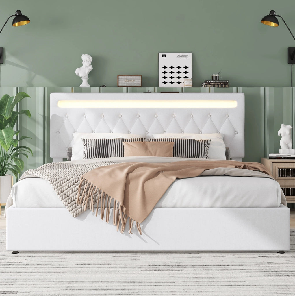 Letto imbottito 180 x 200 cm con sollevamento idraulico e luce LED