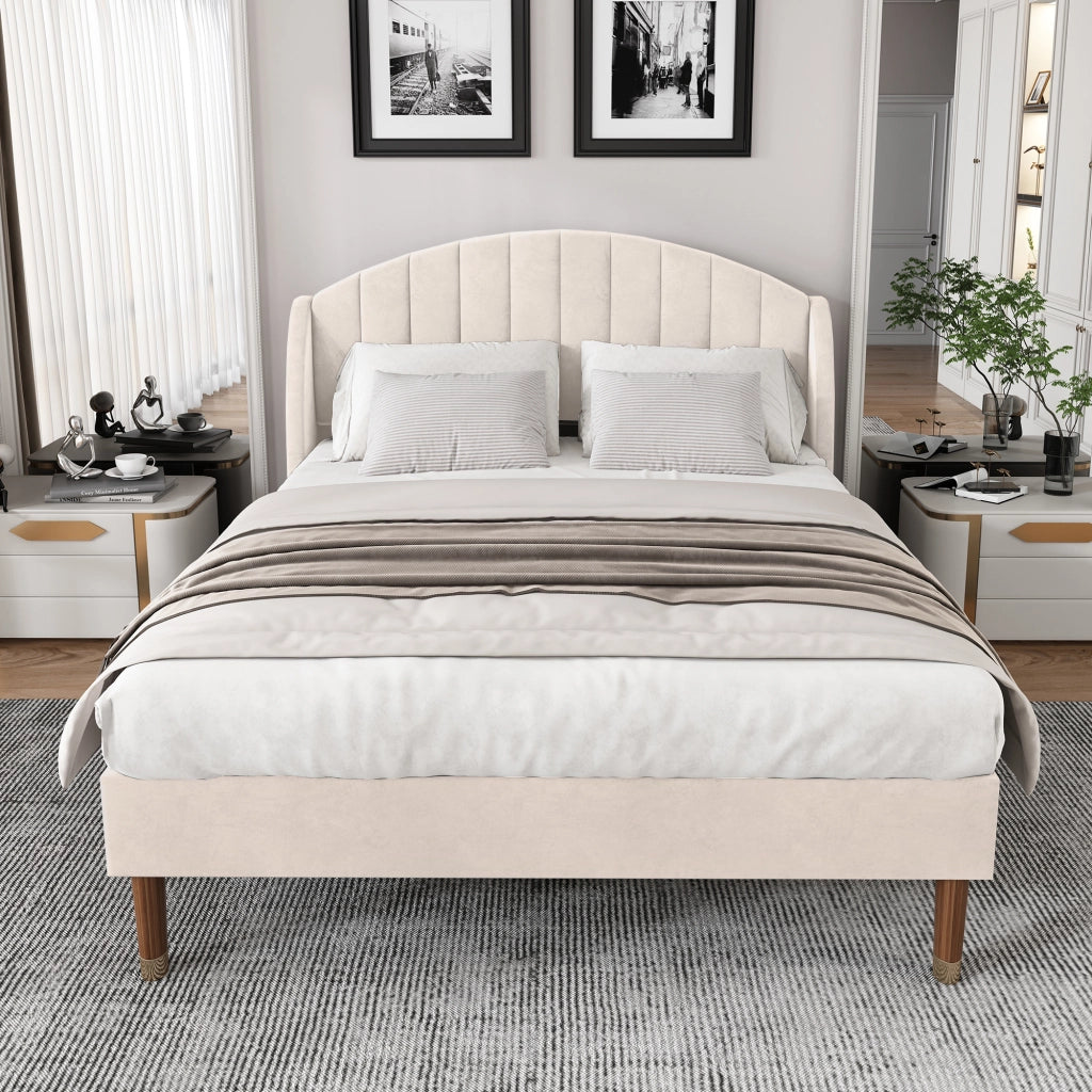 Letto imbottito 140x190 cm in velluto con rete a doghe e testiera, supporto a doghe in legno, montaggio facile - Beige, per ragazzi