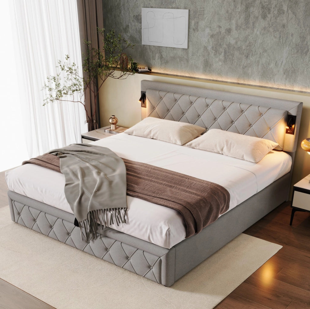 Letto imbottito contenitore idraulico con USB e downlight; lino grigio