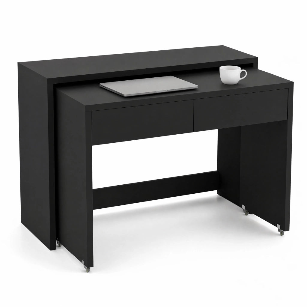 Scrivania pieghevole 2 in 1 nera con ruote e 2 cassetti