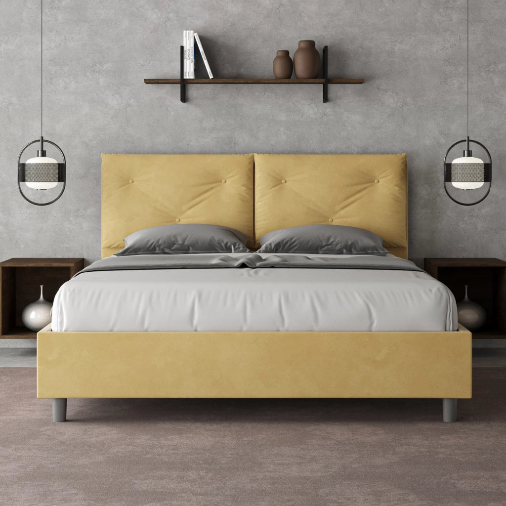 BS COM Letto matrimoniale contenitore doppia alzata imbottito 160x190 microfibra ocra