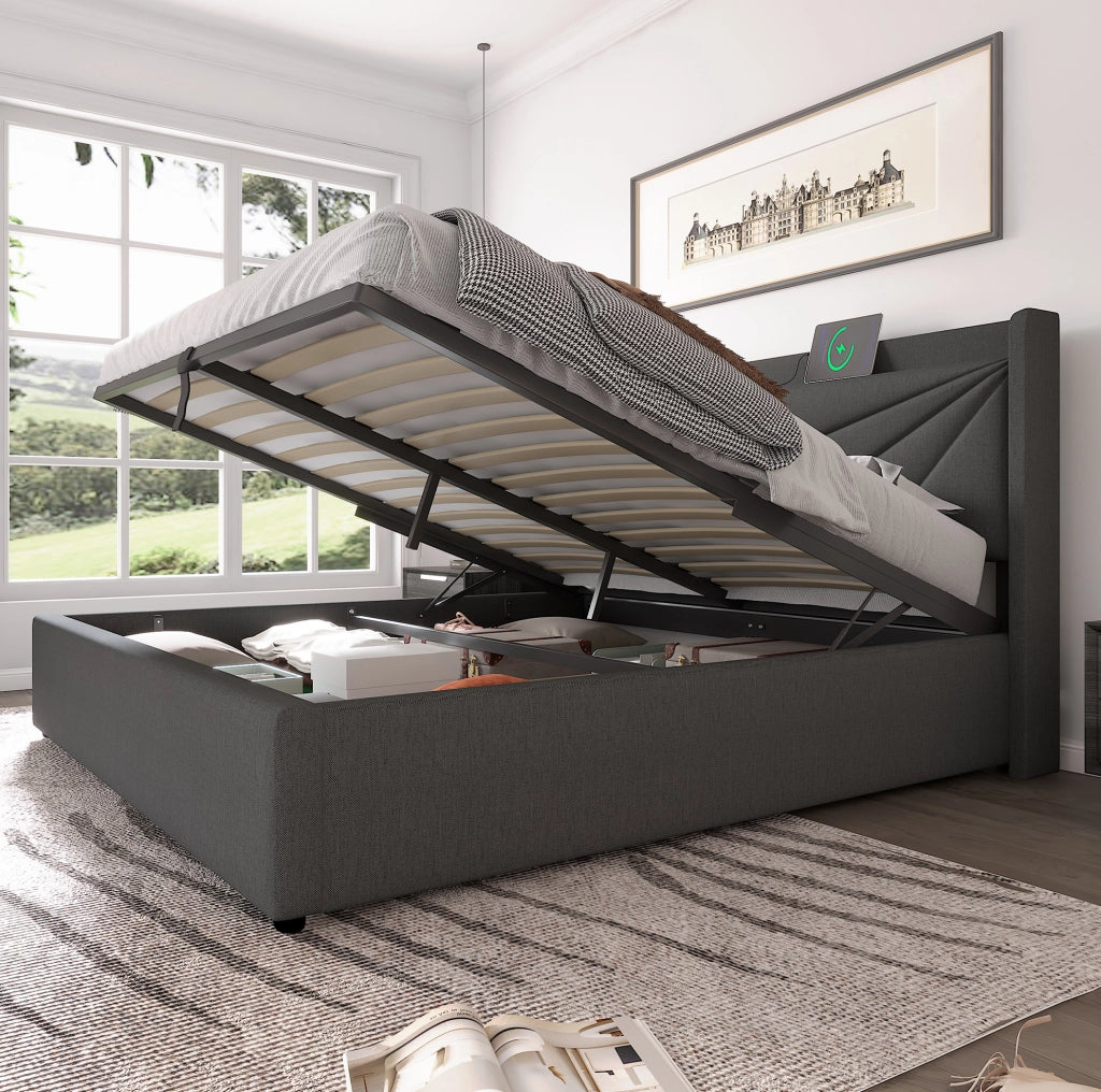 Letto matrimoniale con contenitore 160x200 cm; testiera con USB e Type-C; grigio